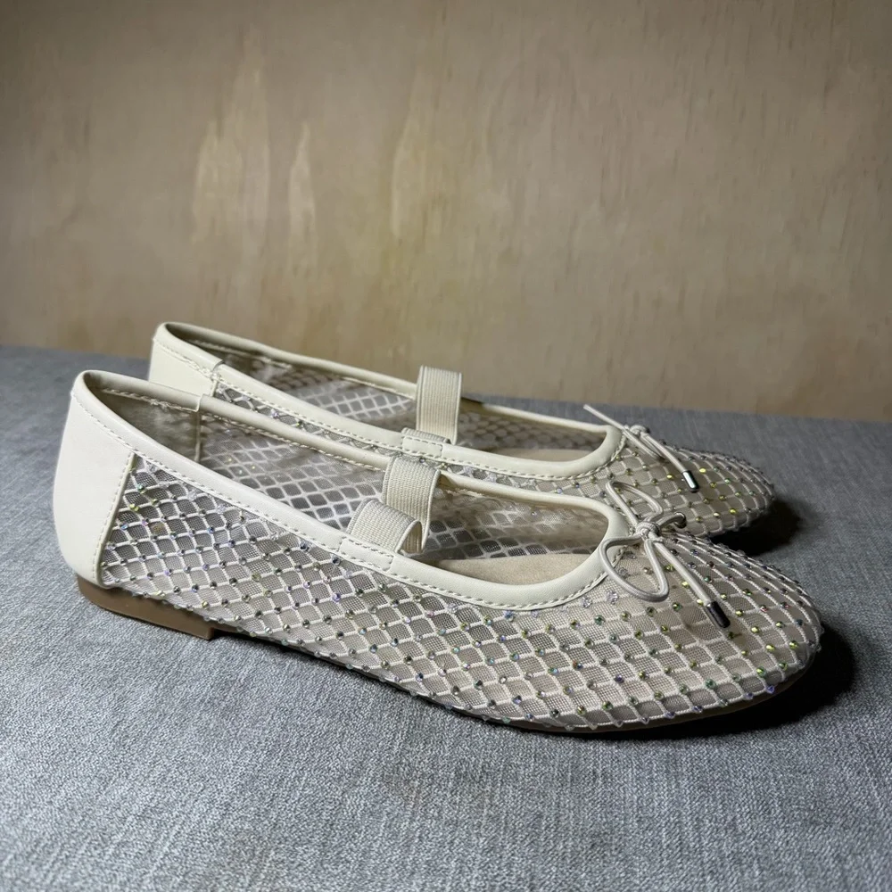MIA Women’s Mesh Rhinestone Ballet Unica Flats Cream Size 7.5 | Slip-On Shoes‎